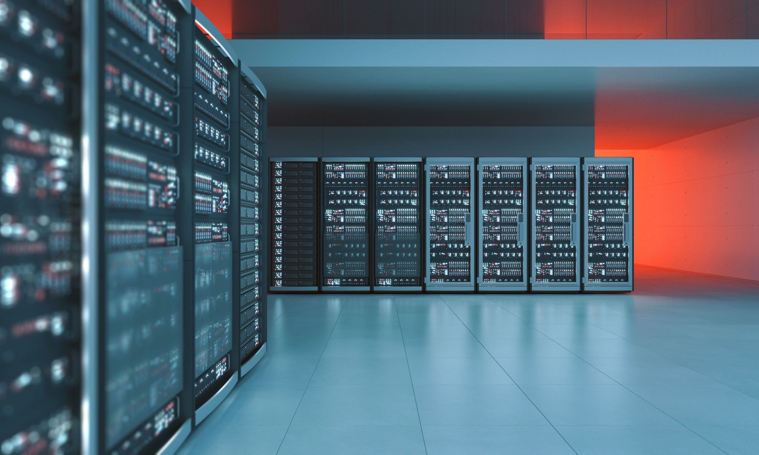 Interior of a containerized battery energy storage system showing rows of server-style battery racks.