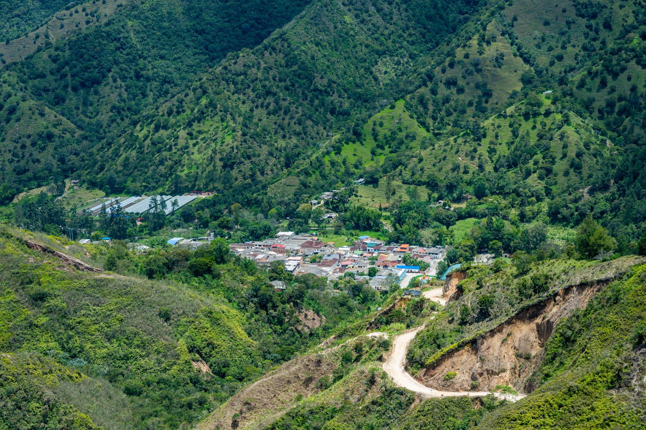 Remote village in a green mountain valley